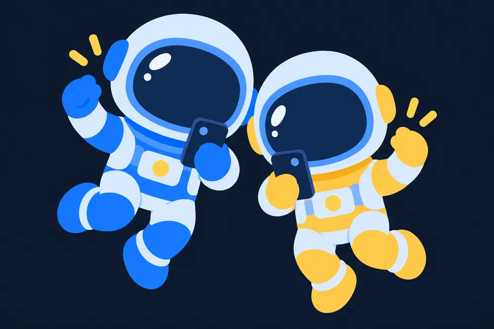 Dos astronautas de azul y amarillo juegan juntos con sus teléfonos